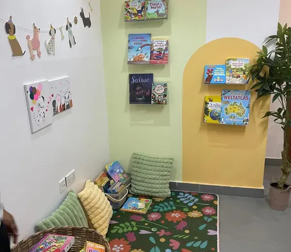 Reading corner with German children’s books at Studyfreunde in Airport West, Accra