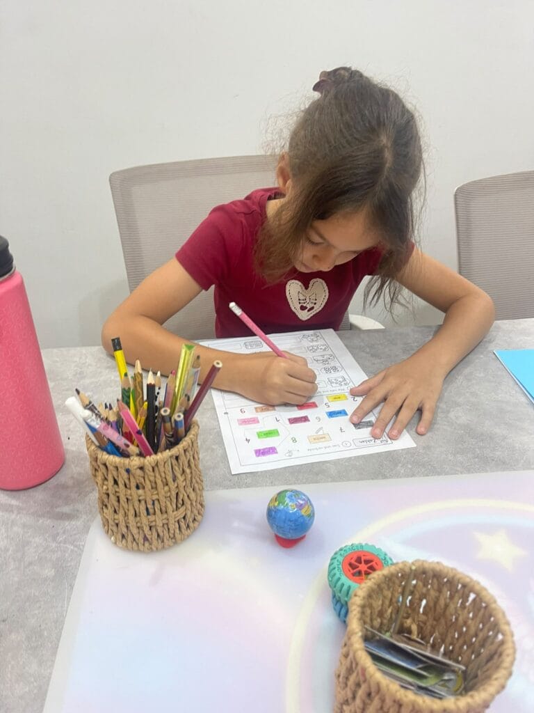 A girl learning the German numbers from one to ten in a children's German lesson at Studyfreunde in Accra